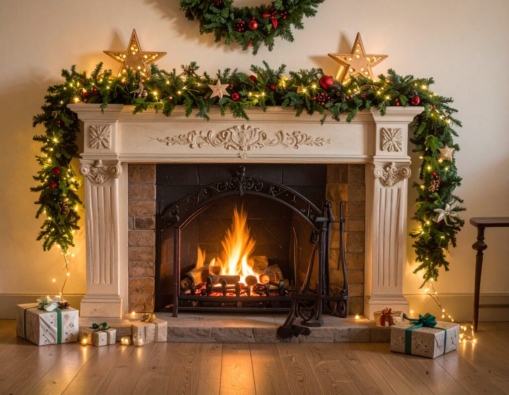 Firefly_a christmas decorated fireplace, with greens on the mantle, stars, and twinkles. a co 351051